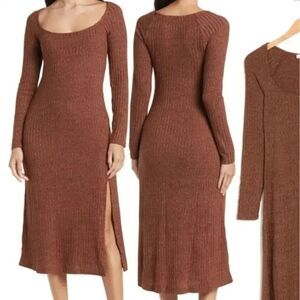 Astr Brown Ribbed Midi Dress